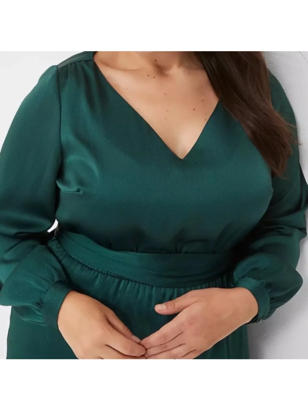 Lane Bryant V-Neck Long Sleeve Midi Dress with Tie Waist - Emerald Green sz 18